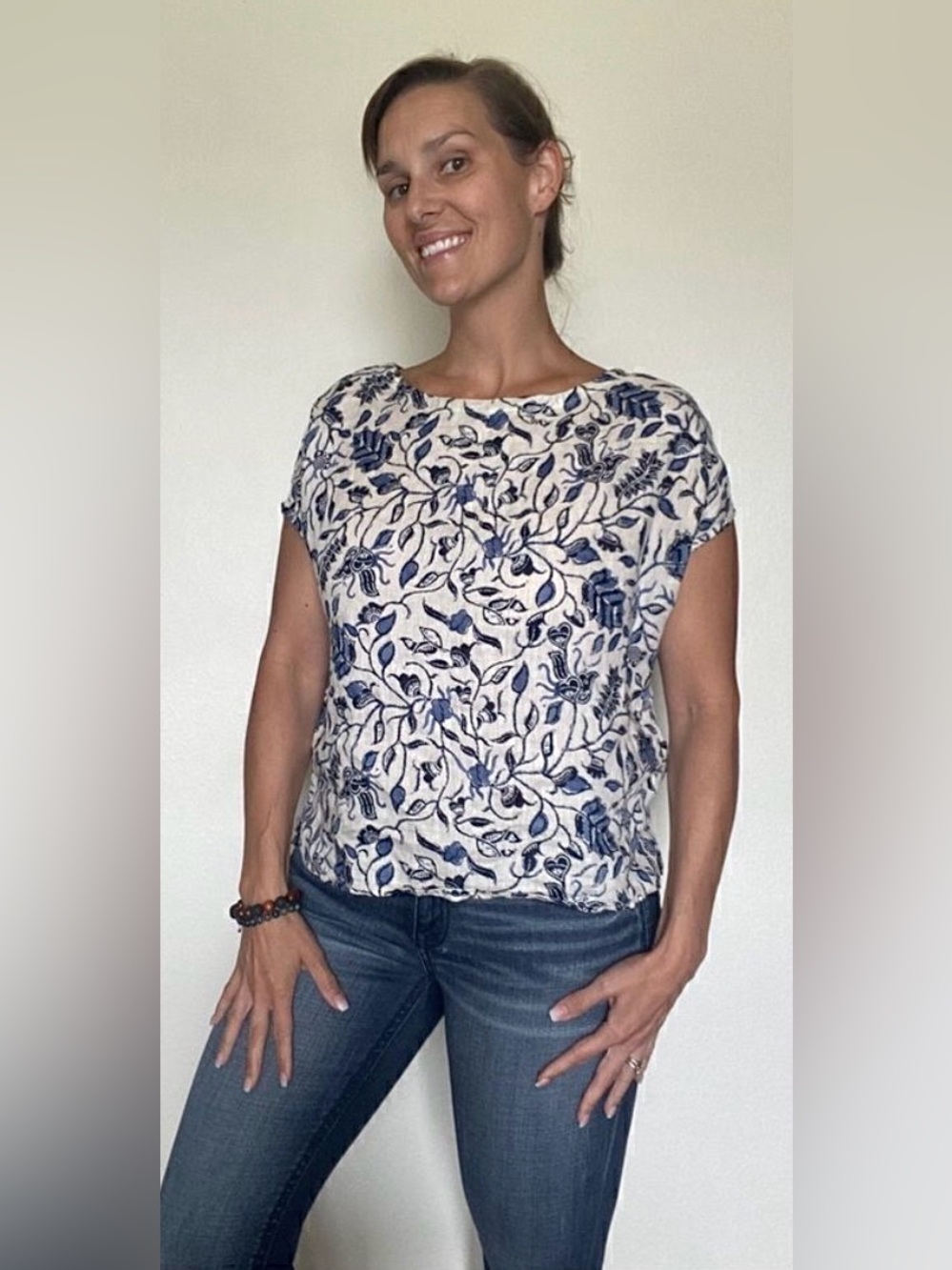 Rachel Zoe Floral Linen Top Button Back Multiway Navy Cottagecore